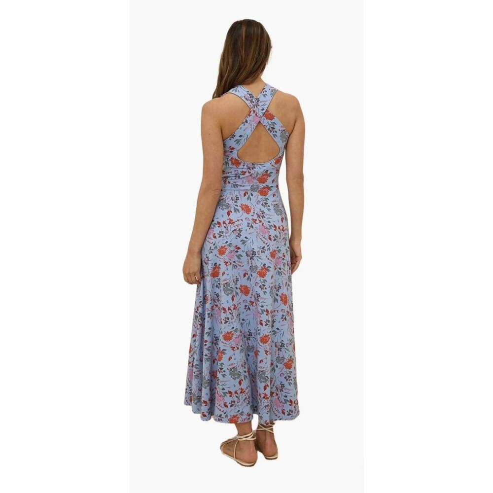 Pact Organic Cotton Fit & Flare Midi Dress Size XL stretch knit floral Blue - Picture 2 of 9